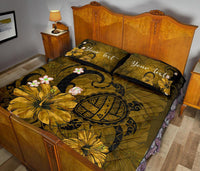 Personalized - Hawaii Map Turtle Hibiscus Plumeria Polynesian Quilt Bed Set - Yellow - Polynesian Pride
