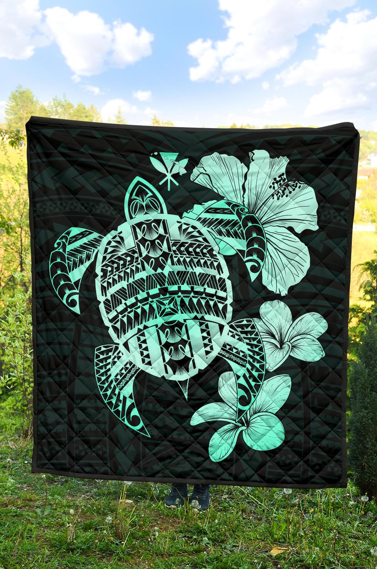 Hawaiian Kanaka Hibiscus Plumeria Mix Polynesian Turtle Premium Quilt Turquoise AH - Polynesian Pride