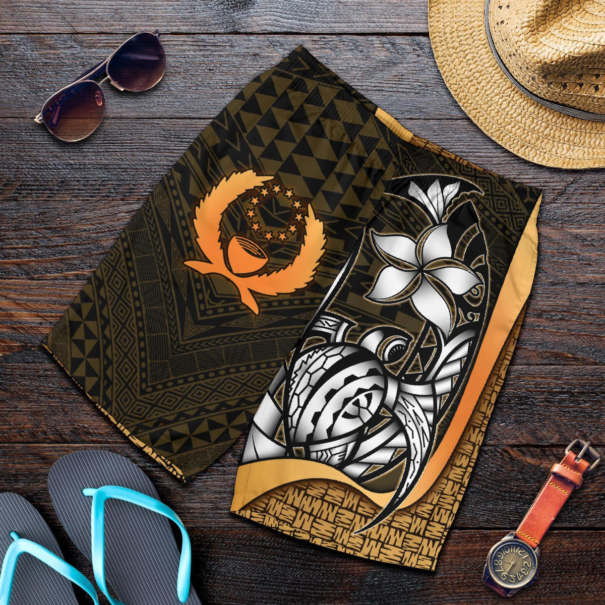 Pohnpei Micronesian Men's Shorts Gold - Turtle With Hook - Polynesian Pride