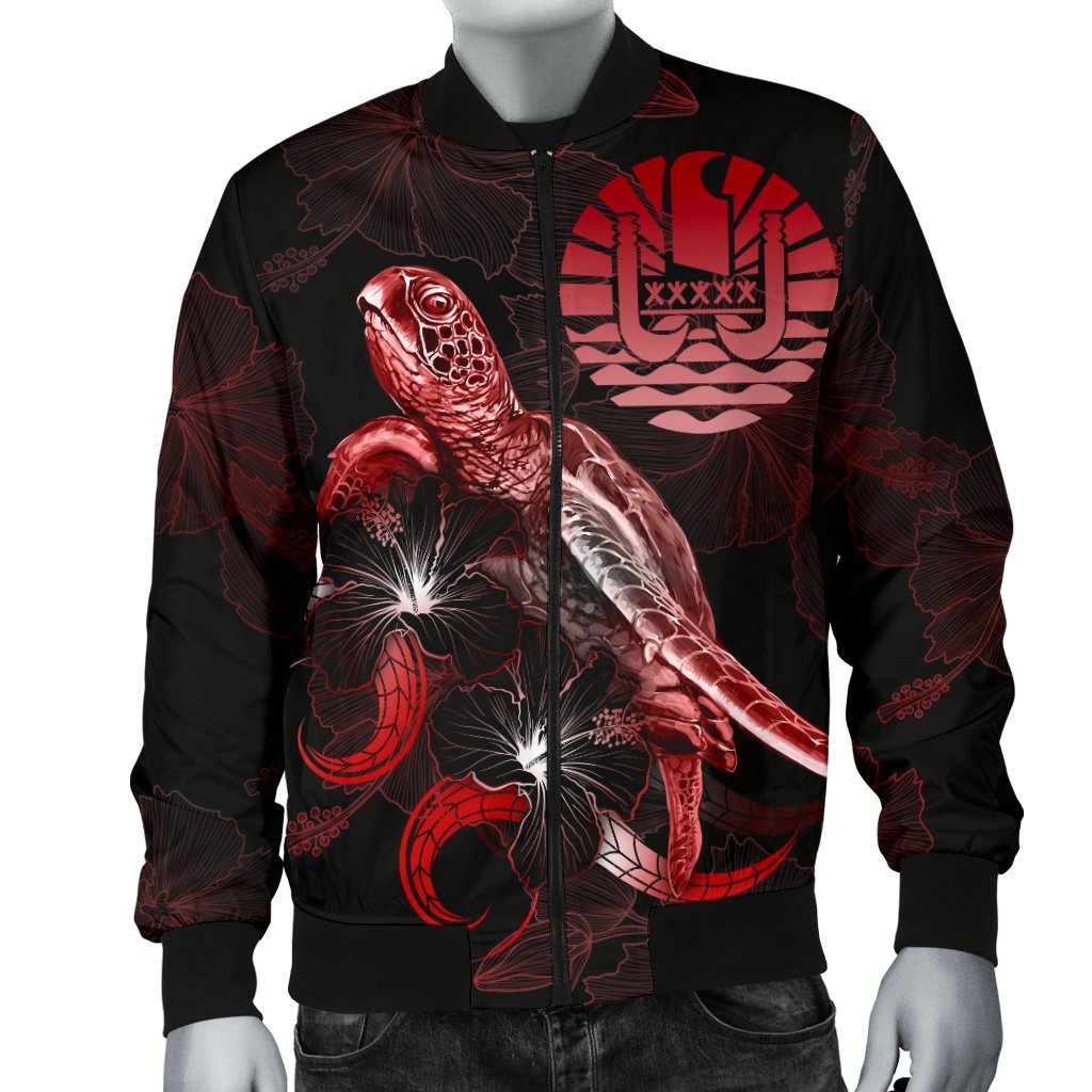 Tahiti Polynesian Men's Bomber Jacket - Turtle With Blooming Hibiscus Red - Polynesian Pride