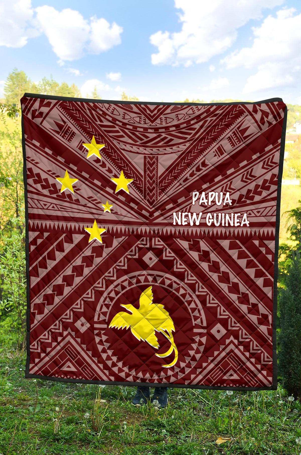 Papua New Guinea Premium Quilt - Flag With Polynesian Patterns (Red) - Polynesian Pride