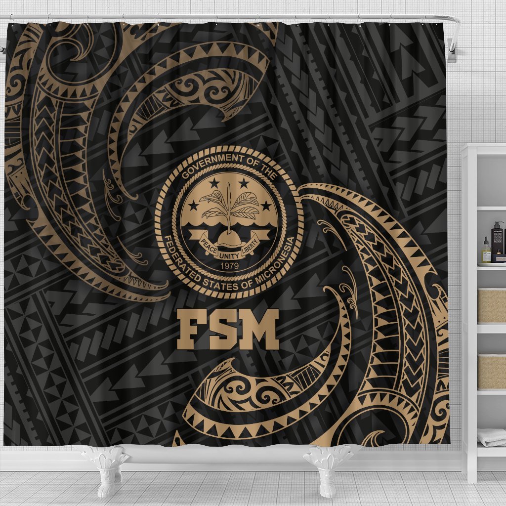 Federated States Of Micronesia Shower Curtain - Gold Tribal Wave - Polynesian Pride