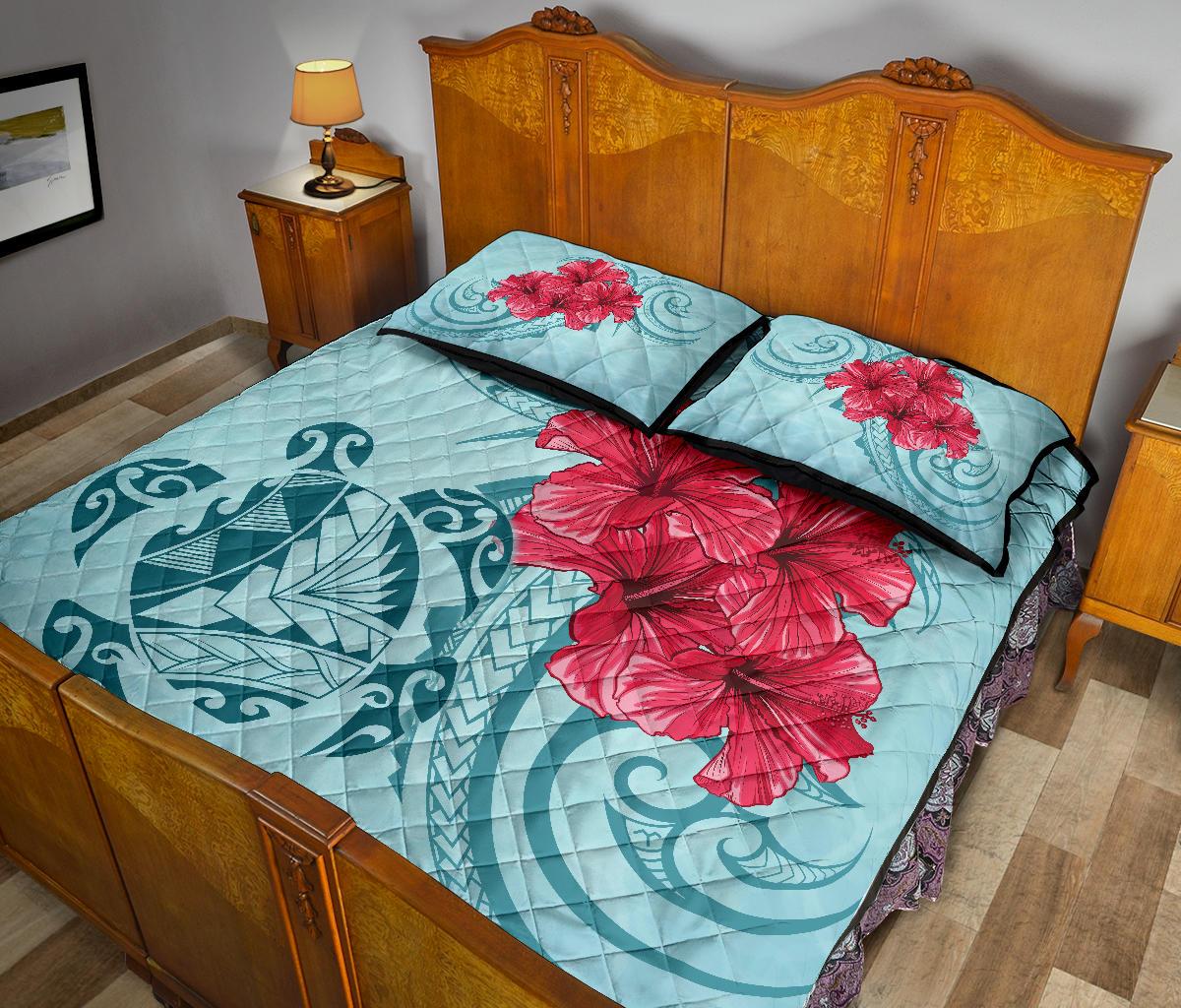 Hawaii Polynesian Turtle Hibiscus Blue Quilt Bed Set - Bless Style - Polynesian Pride