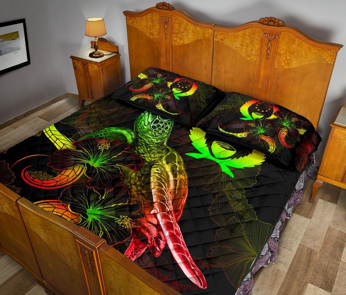 Pohnpei Polynesian Quilt Bed Set - Turtle With Blooming Hibiscus Reggae - Polynesian Pride