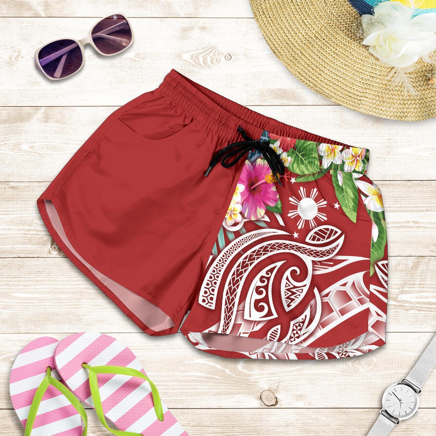 The Philippines Women's Shorts - Summer Plumeria (Red) Women Red - Polynesian Pride