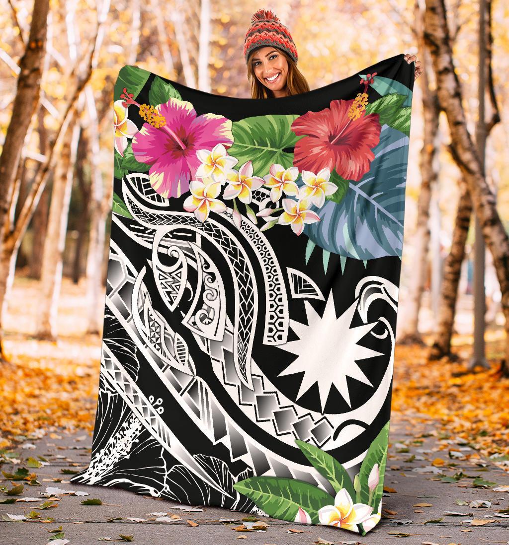 Nauru Polynesian Premium Blanket - Summer Plumeria (Black) - Polynesian Pride