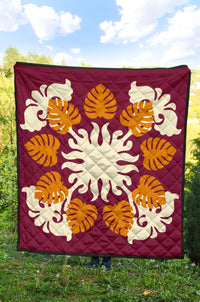 Hawaiian Tropical Pattern Premium Quilt - Burgundy - Argu Style - AH - Polynesian Pride