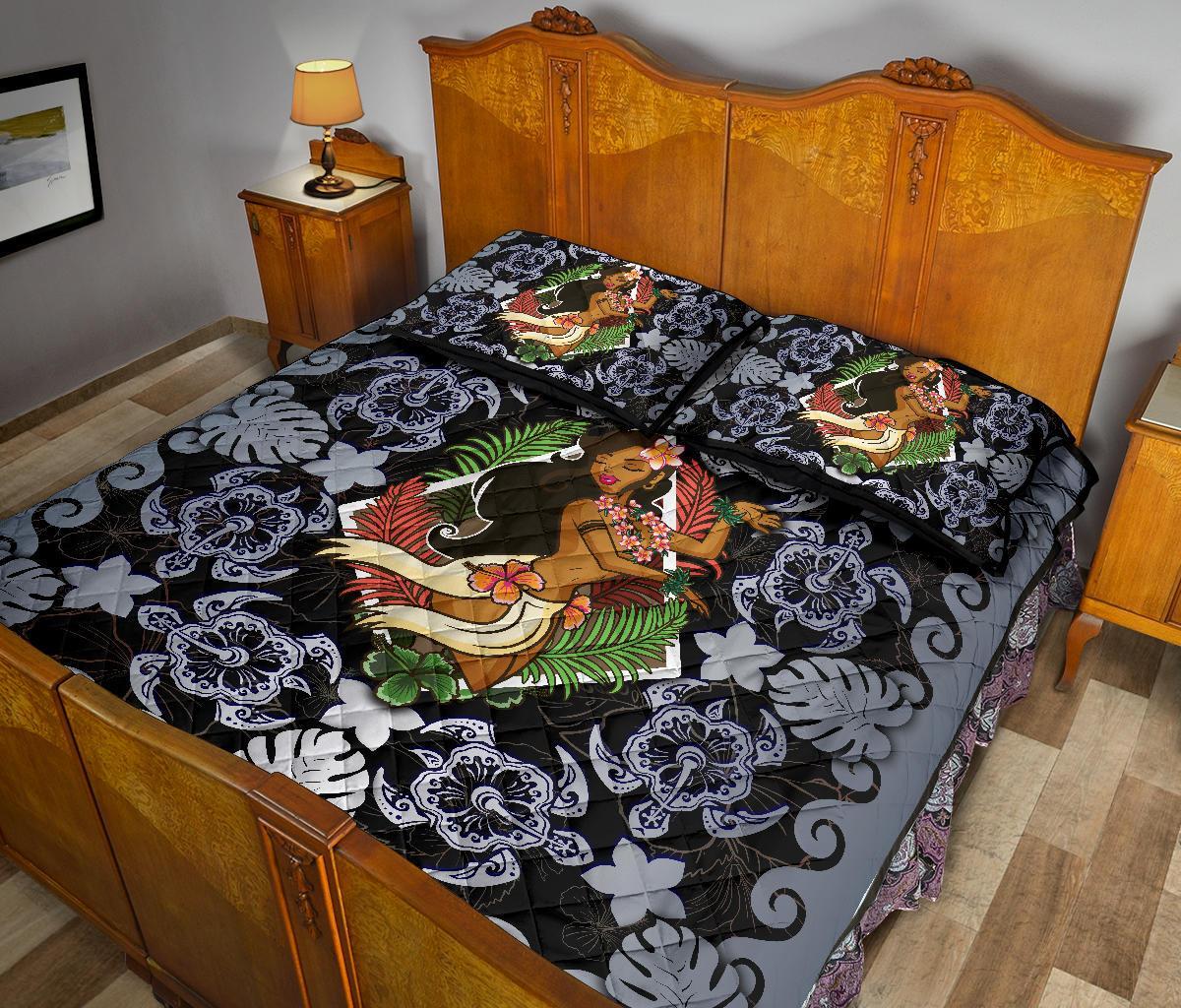 Hawaii Polynesian Quilt Bed Set - Hawaiian Dancing Girl Silver - Polynesian Pride
