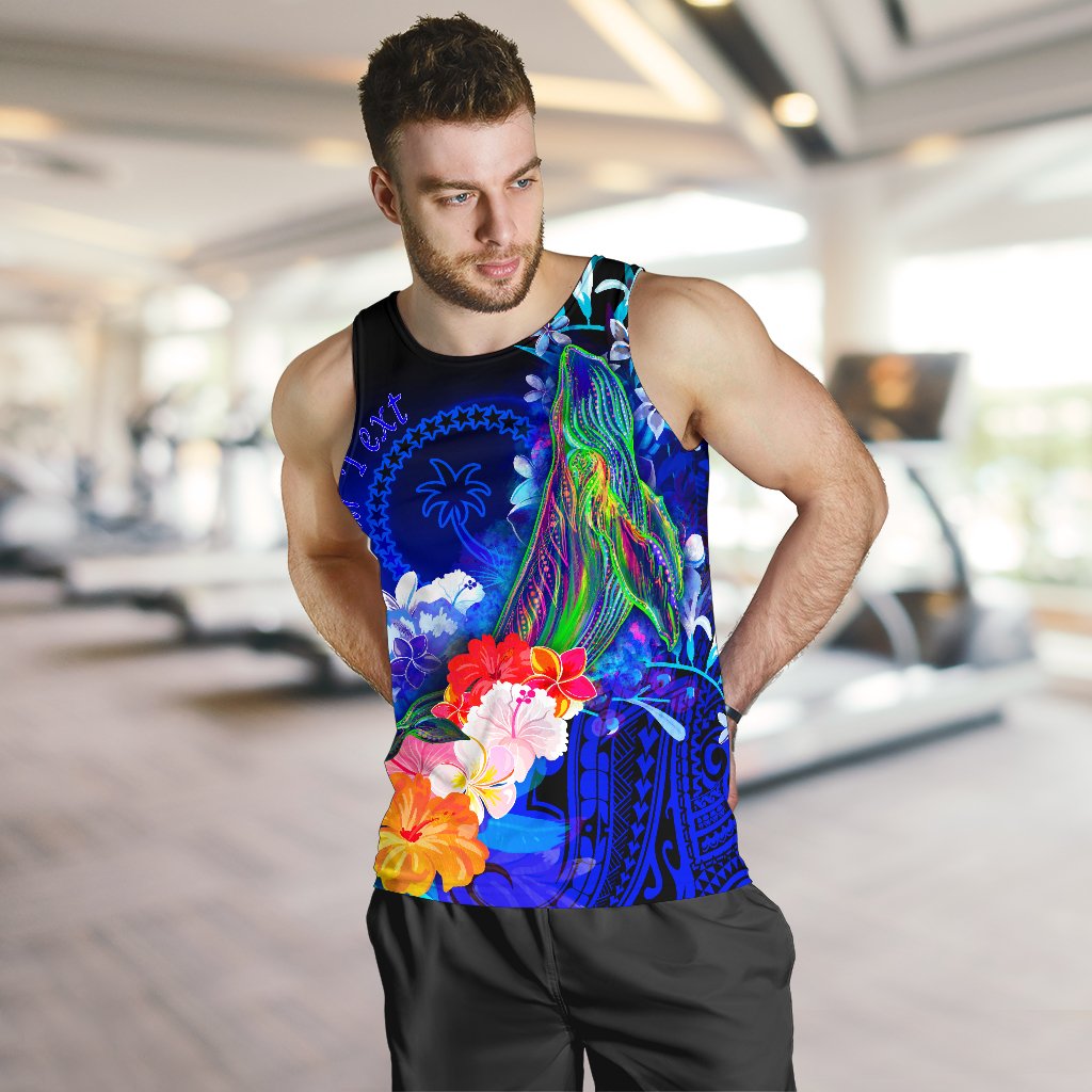 Custom Personalised Chuuk Men's Tank Top - Humpback Whale with Tropical Flowers (Blue) - Polynesian Pride