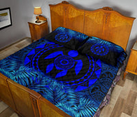 Polynesian Quilt Bed Set - Blue Turtle Palm Black Version - Polynesian Pride