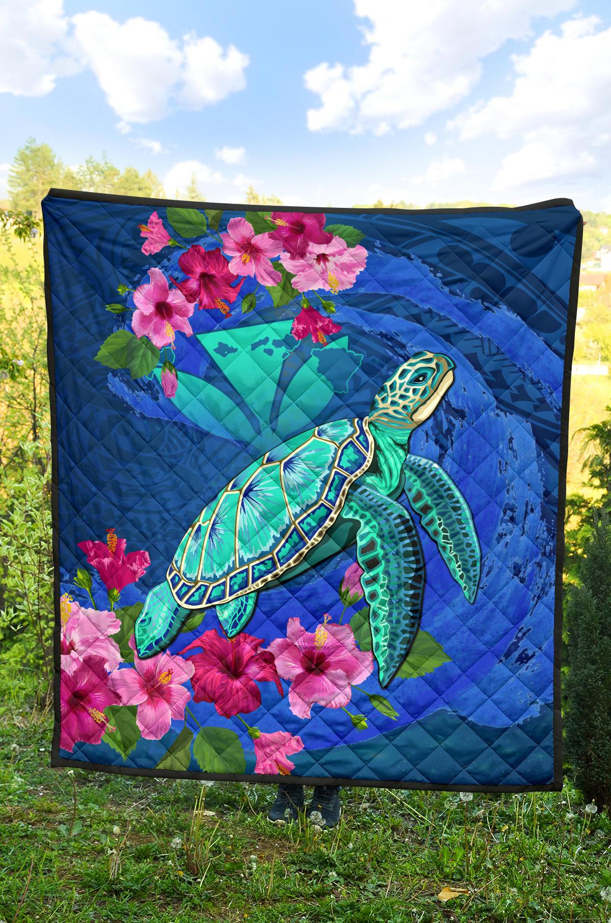 Hawaii Honu Aumakua Sea Hibiscus Premium Quilt - Nin Style - Polynesian Pride