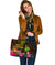 New Caledonia Polynesian Large Leather Tote Bag - Hibiscus and Banana Leaves - Polynesian Pride