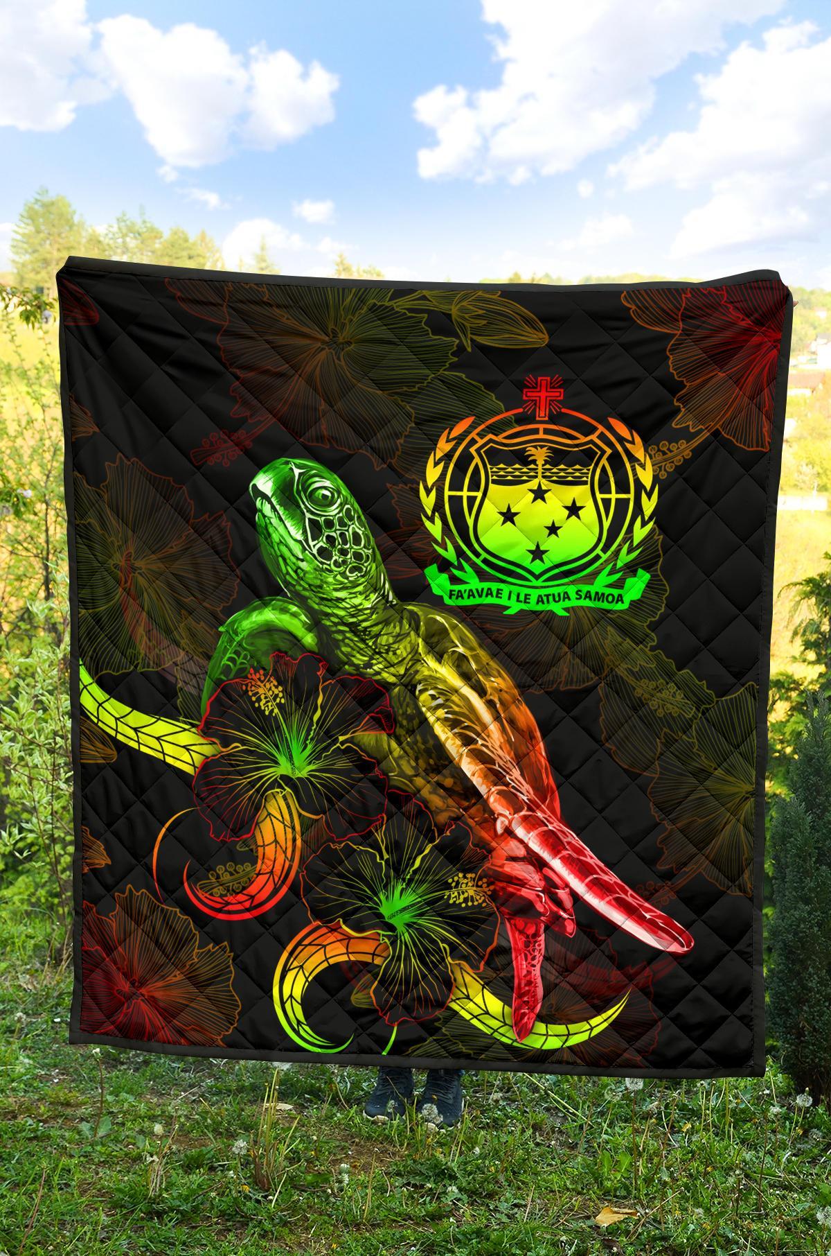 Samoa Polynesian Premium Quilt - Turtle With Blooming Hibiscus Reggae - Polynesian Pride