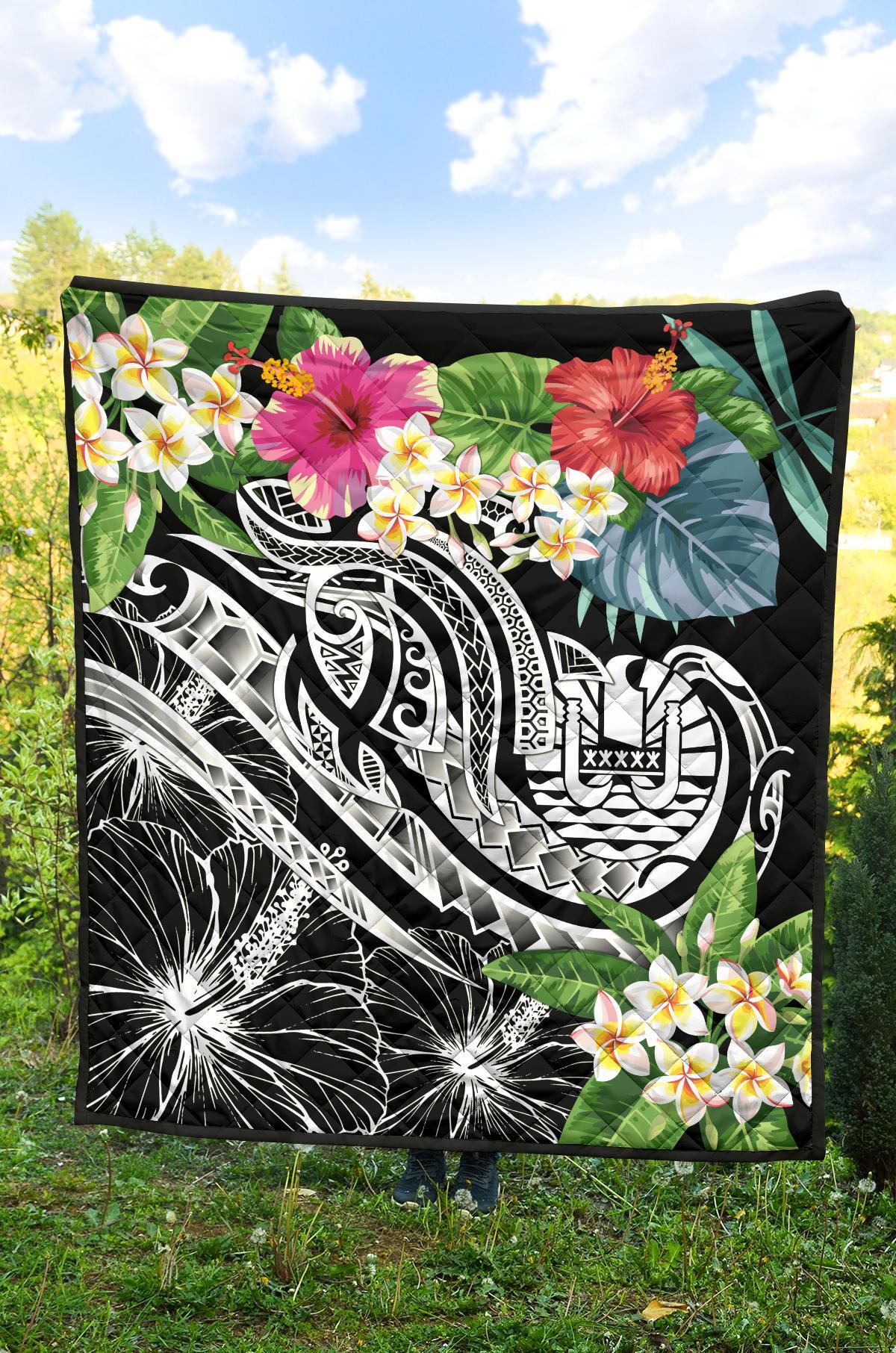 Tahiti Polynesian Premium Quilt - Summer Plumeria (Black) - Polynesian Pride