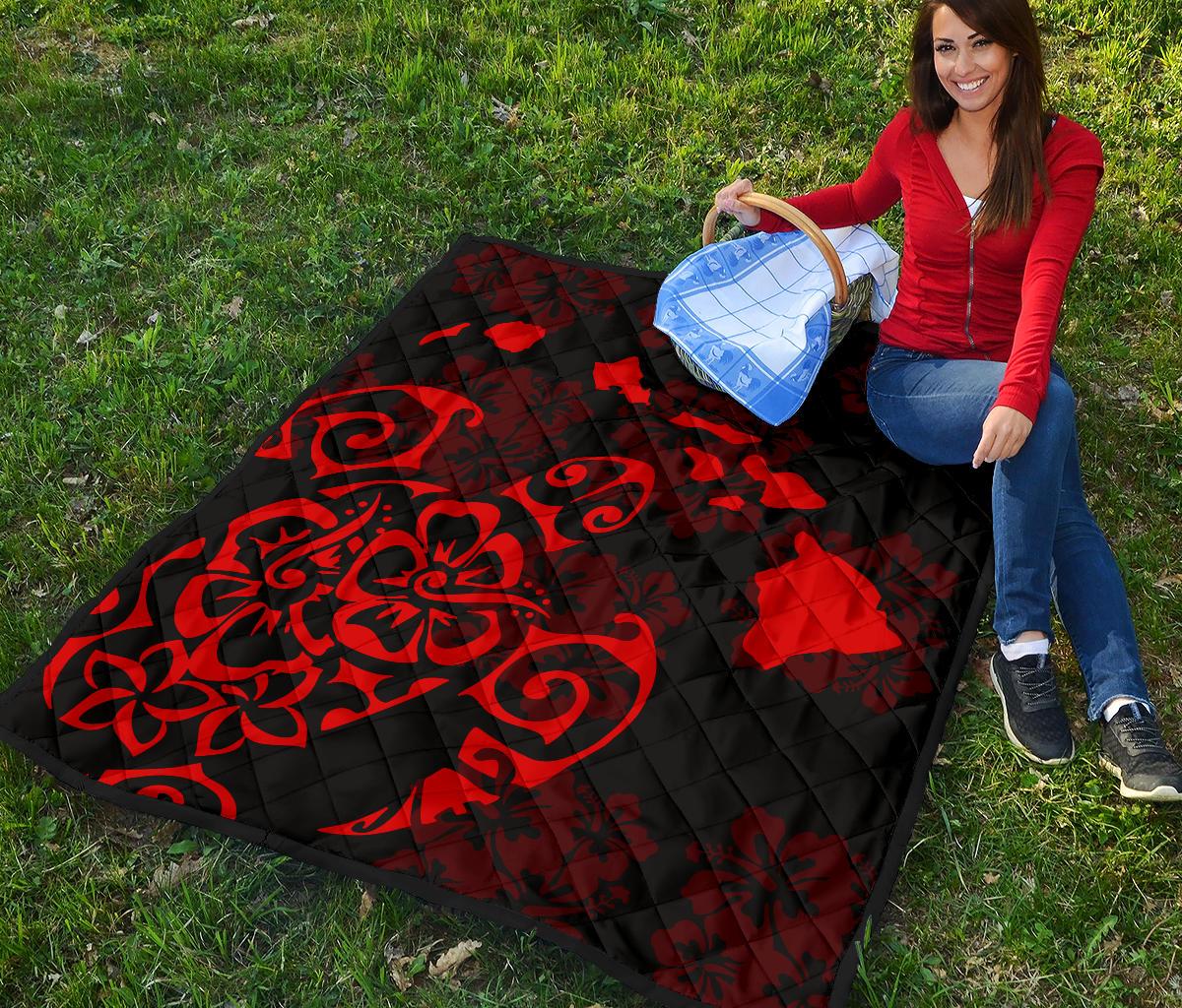Turtle Hibiscus Map Red Premium Quilt - Polynesian Pride