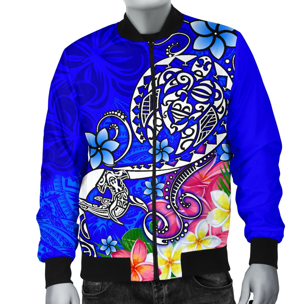 Polynesian Men's Bomber Jacket - Turtle Plumeria Blue Color - Polynesian Pride