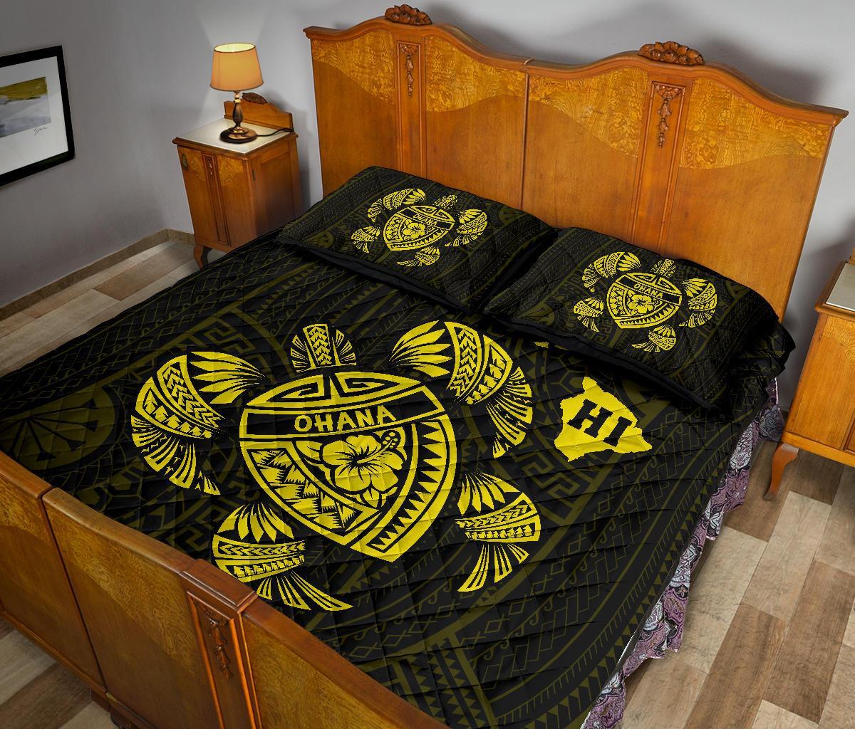 Hawaii Turtle Hibicus Map Quilt Bed Set - Yellow - Polynesian Pride