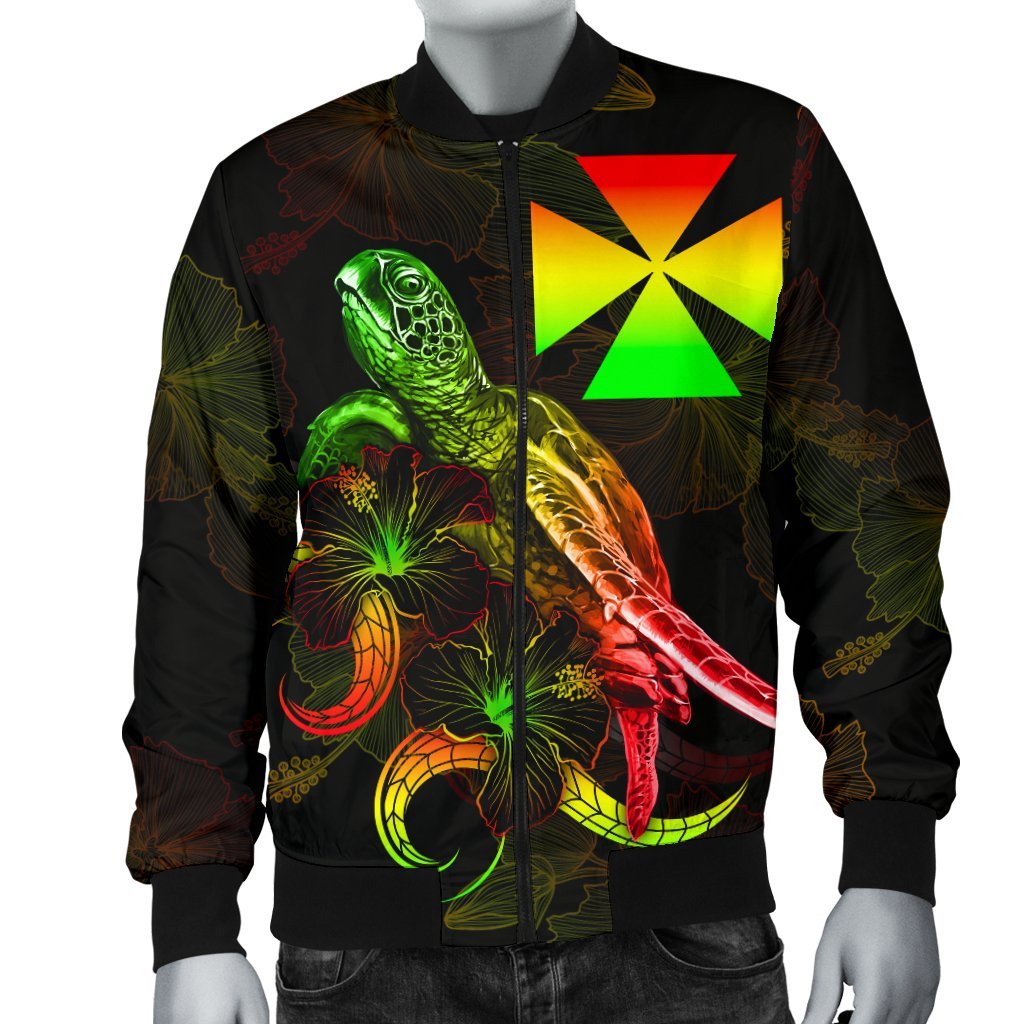 Wallis and Futuna Polynesian Men's Bomber Jacket - Turtle With Blooming Hibiscus Reggae - Polynesian Pride