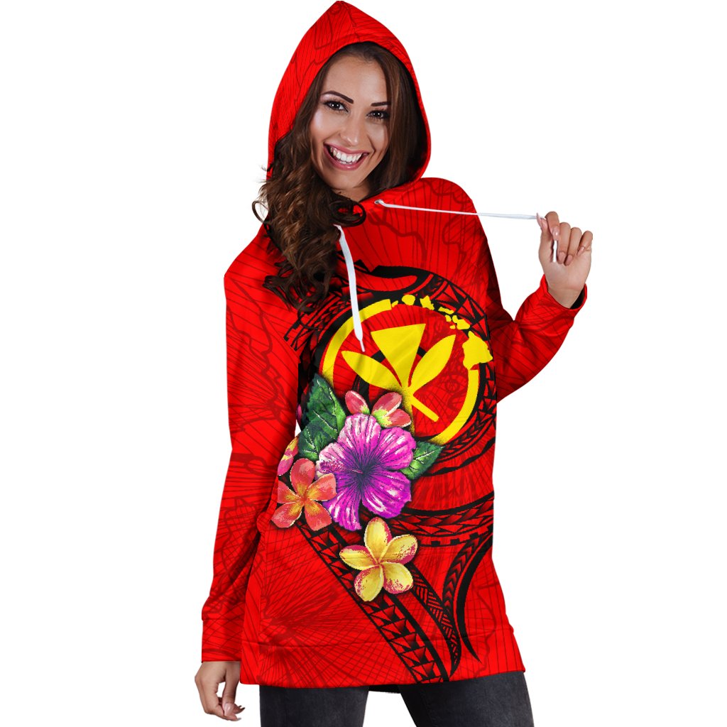 Hawaii Polynesian Women's Hoodie Dress - Floral With Seal Red - Polynesian Pride