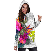 Hawaii Women's Hoodie Dress Polynesian Hibiscus White Pattern - Polynesian Pride