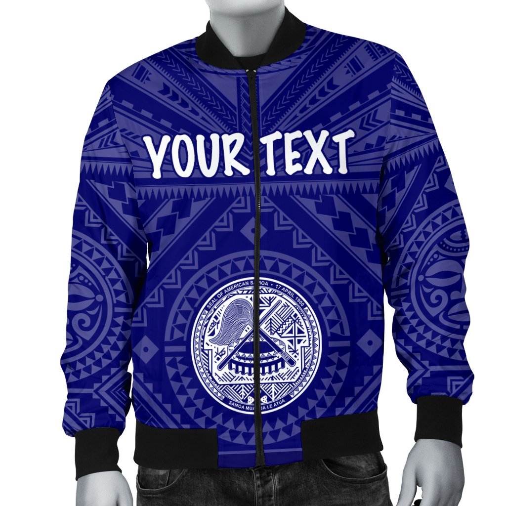 American Samoa Personalised Men's Bomber Jacket - Seal In Polynesian Tattoo Style ( Blue) - Polynesian Pride