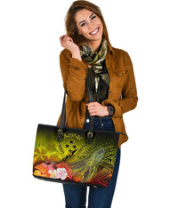 Kosrae Large Leather Tote Bag - Humpback Whale with Tropical Flowers (Yellow) - Polynesian Pride