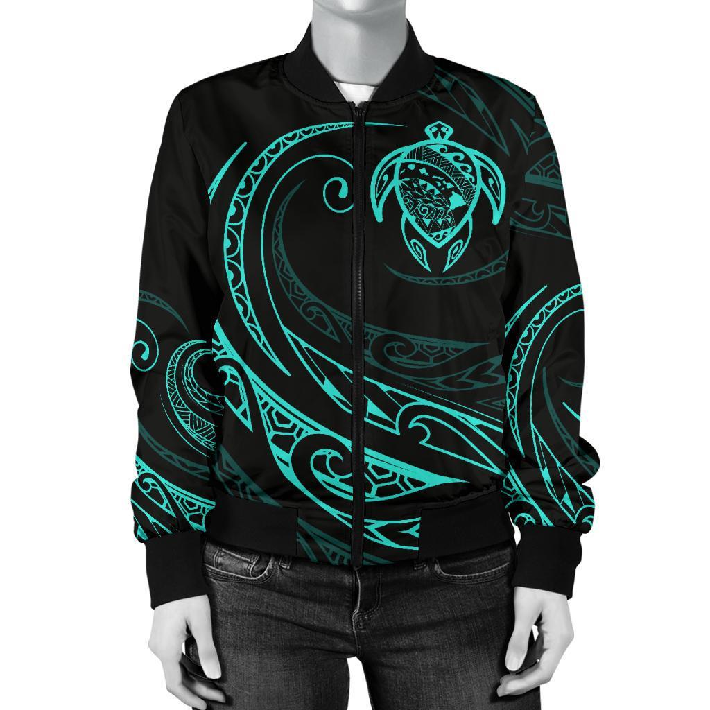 Hawaii Turtle Map Polynesian Women's Bomber Jacket - Turquoise - Frida Style - Polynesian Pride