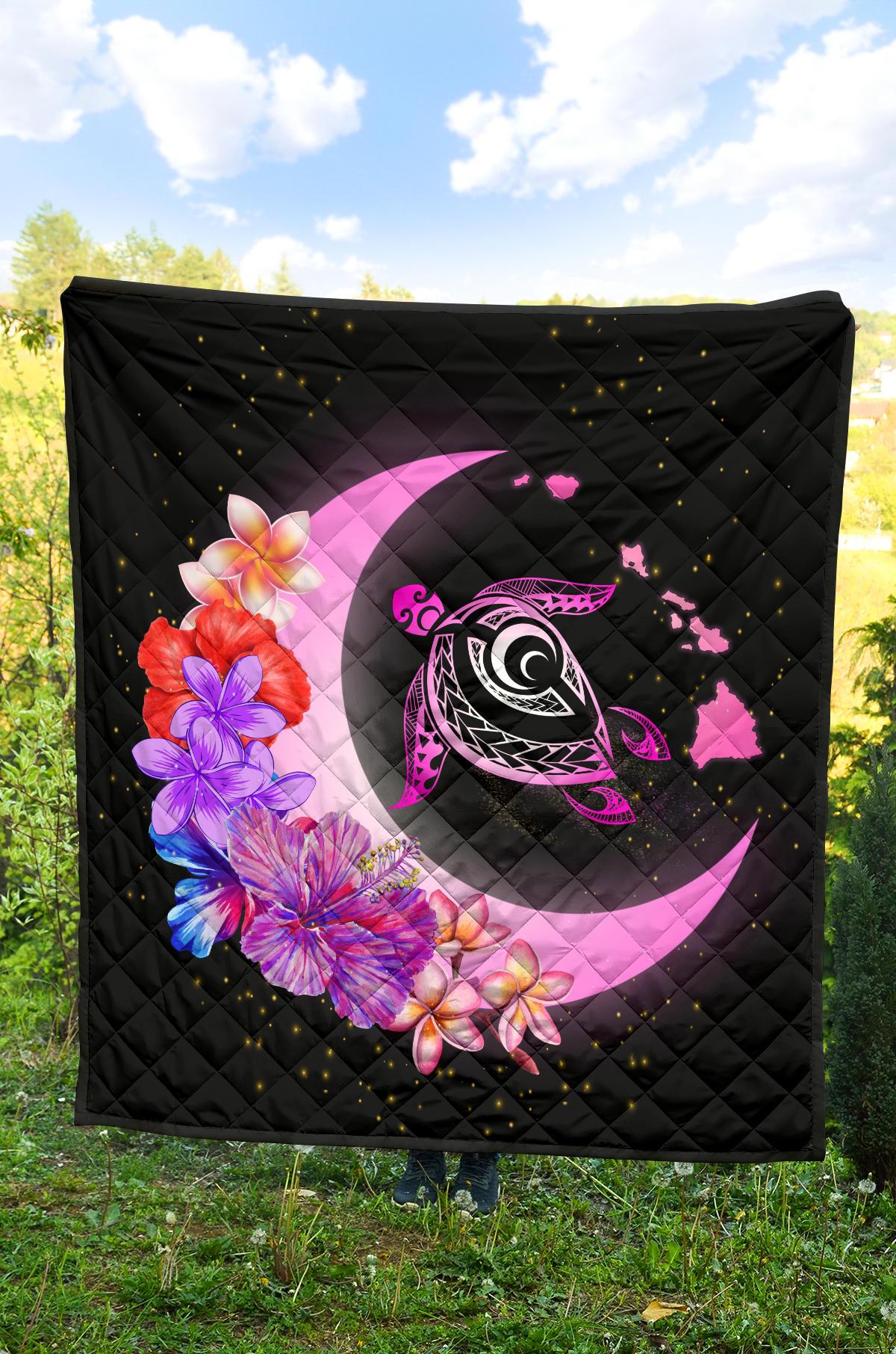 Hawaii Map Moon Star Turtle Plumeria Hibiscus Premium Quilt - Polynesian Pride