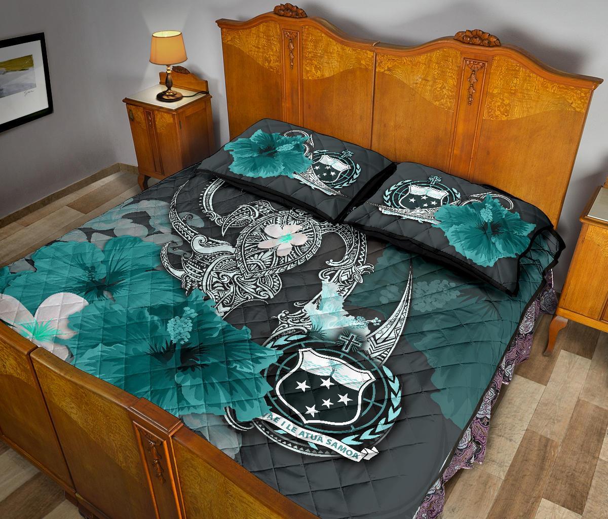 Samoa Quilt Bed Set - Hibiscus Turtle Tribal Turquoise - Polynesian Pride