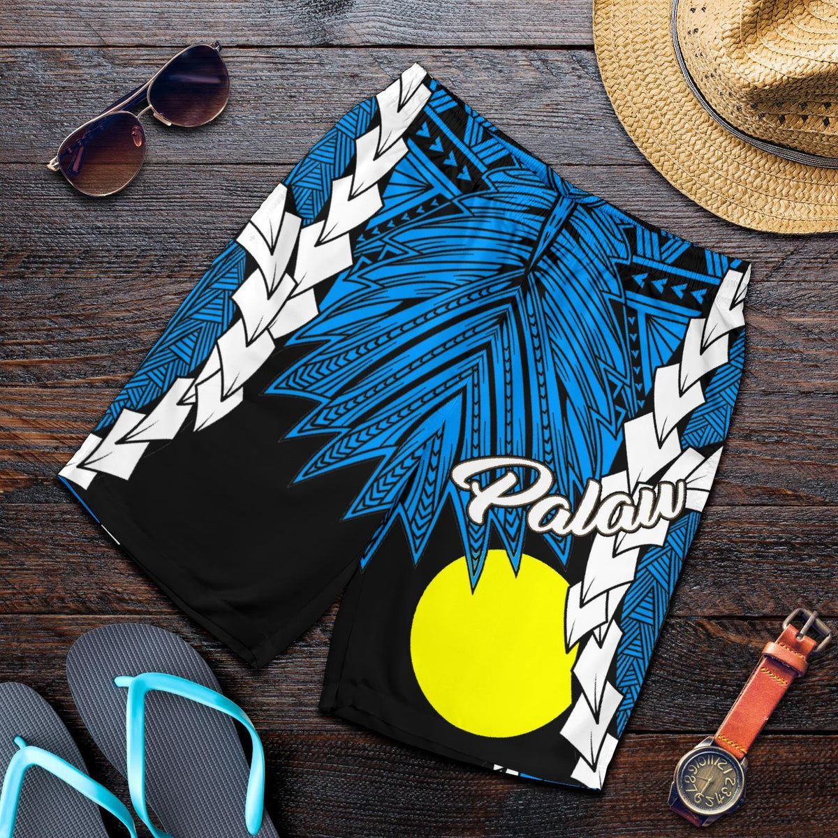 Palau Polynesian Men's Shorts - Tribal Wave Tattoo Flag Style - Polynesian Pride