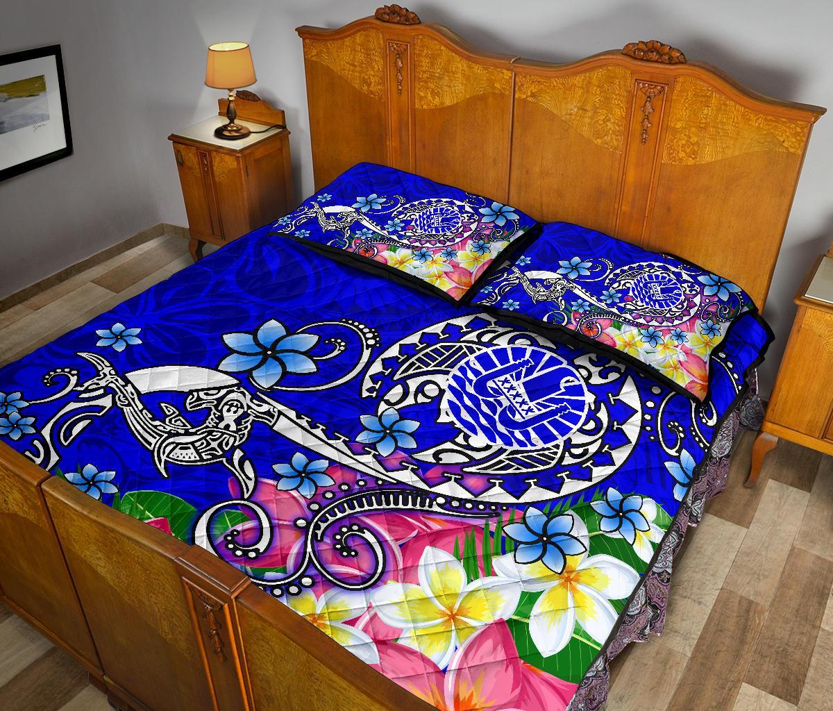 Tahiti Custom Personalised Quilt Bed Set - Turtle Plumeria (Blue) - Polynesian Pride