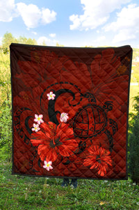 Hawaii Turtle Poly Tribal Red Premium Quilt - Polynesian Pride