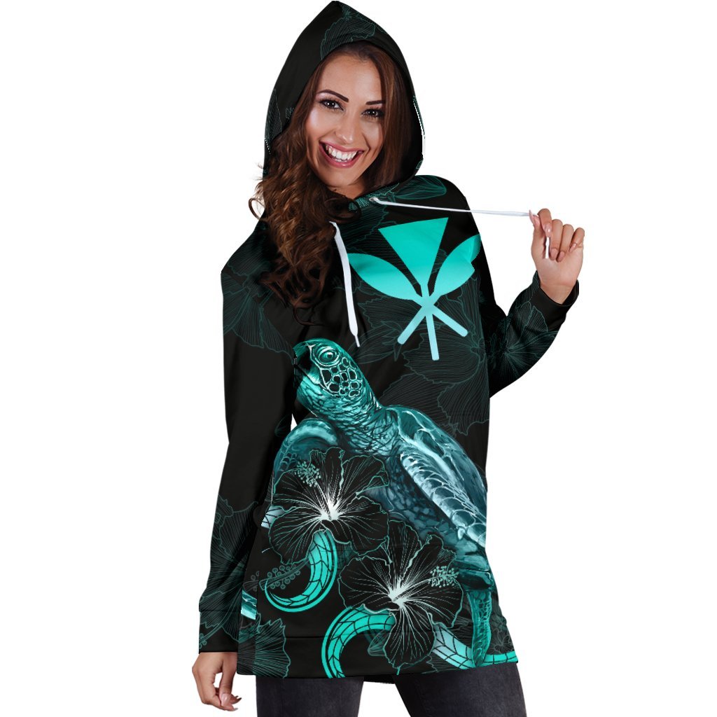 Hawaii Polynesian Hoodie Dress - Turtle With Blooming Hibiscus Turquoise - Polynesian Pride
