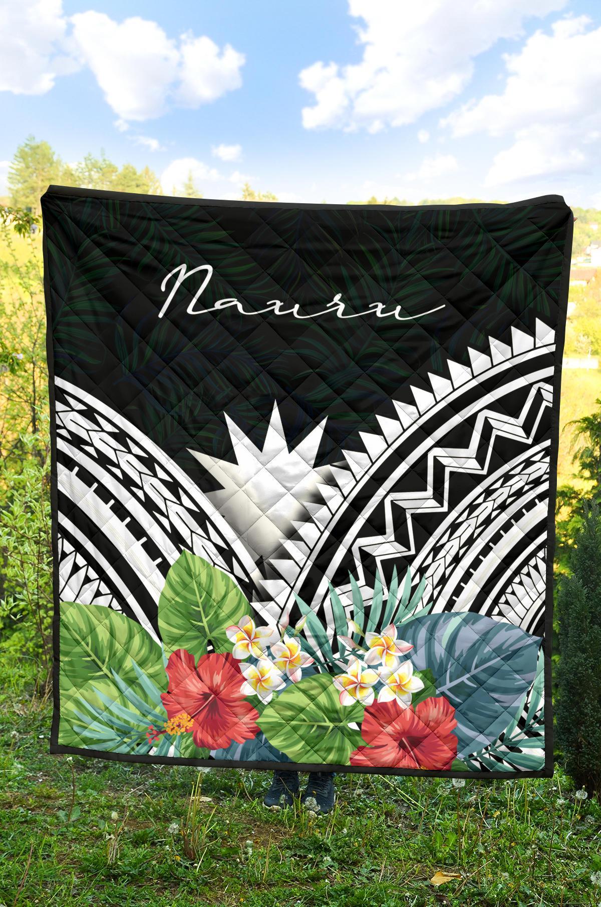 Nauru Premium Quilt - Nauru Coat of Arms & Polynesian Tropical Flowers White - Polynesian Pride