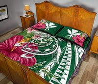 Hawaii Polynesian Turtle Tropical Hibiscus Plumeria Quilt Bed Set - Green - Polynesian Pride