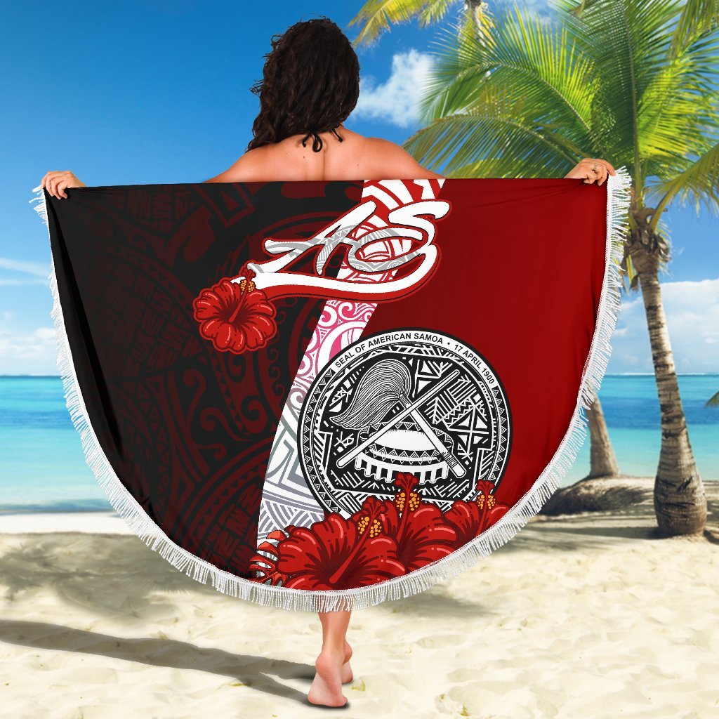 American Samoa Polynesian Beach Blanket - Coat Of Arm With Hibiscus - Polynesian Pride