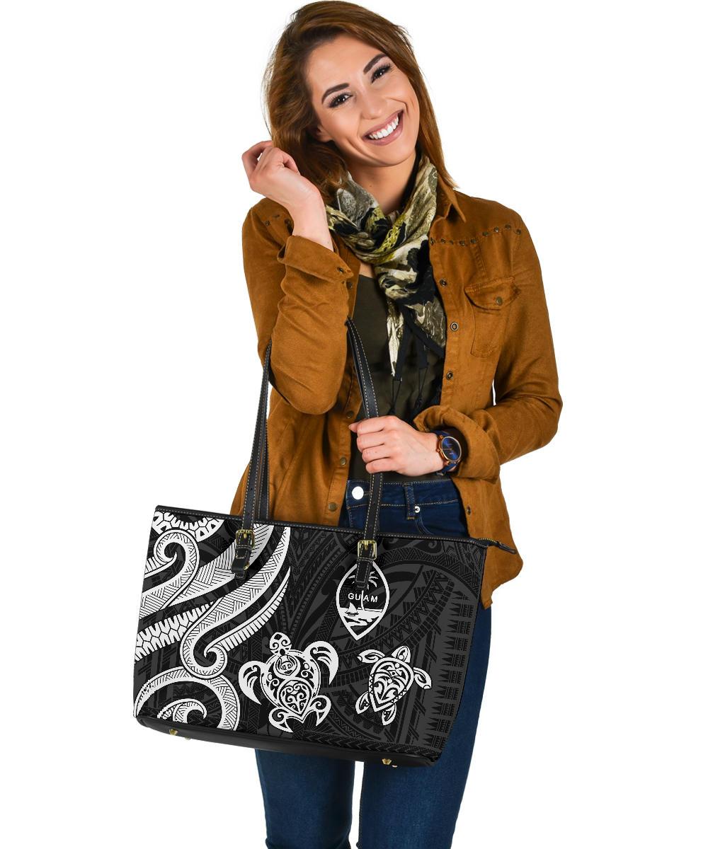 Guam Polynesian Large Leather Tote Bag - White Tentacle Turtle - Polynesian Pride