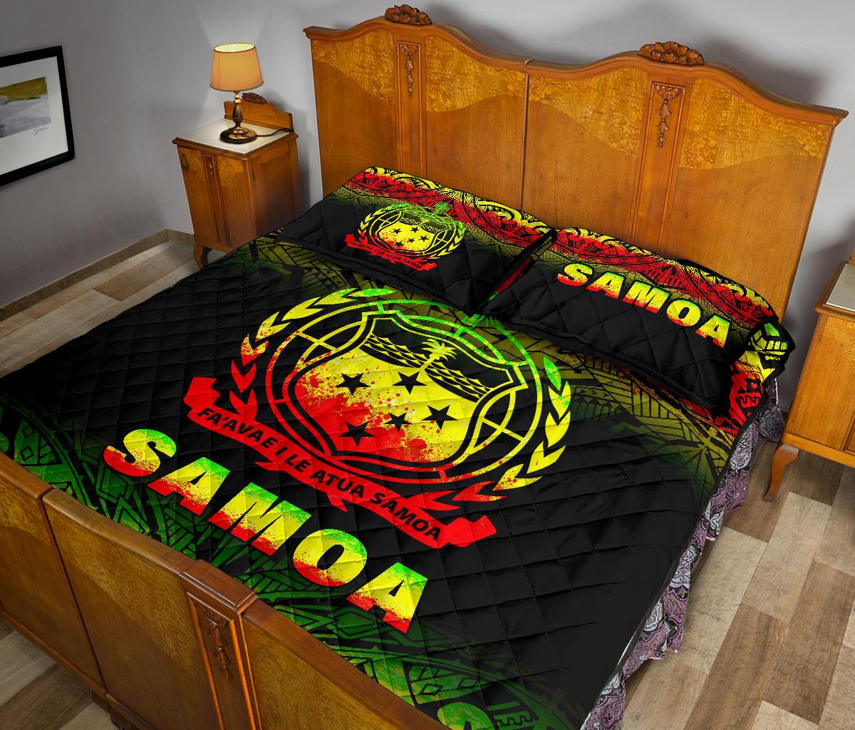 Samoa Quilt Bed Set - Samoa Coat Of Arms Polynesian Tattoo Black Fog Reggae Version - Polynesian Pride