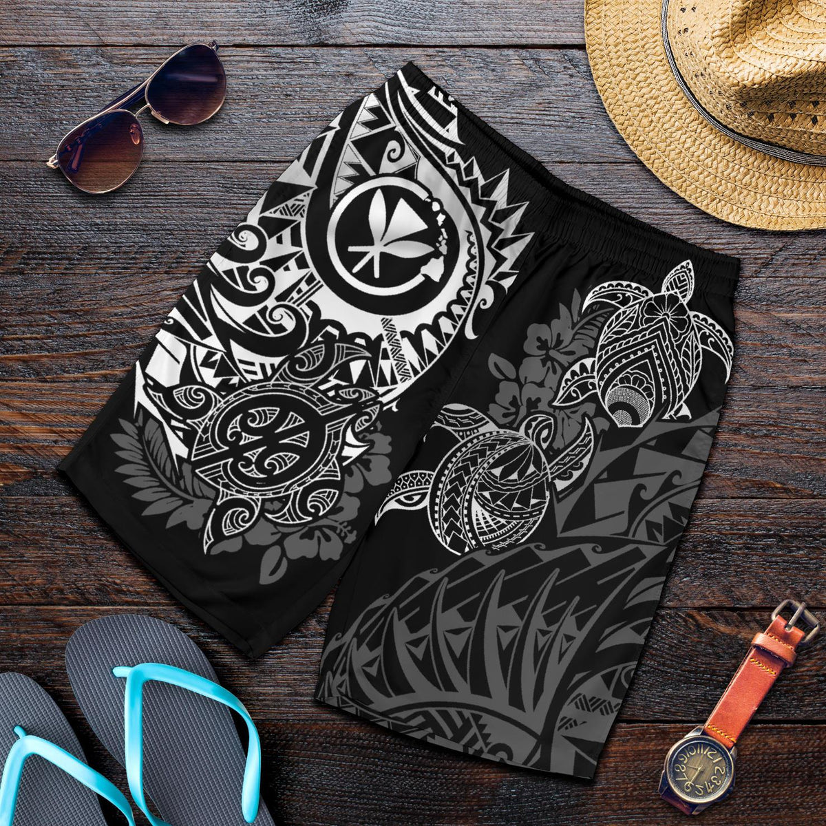 Polynesian Hawaii (Kanaka Maoli) Men's Short - White Turtle Hibiscus Flowing Black - Polynesian Pride