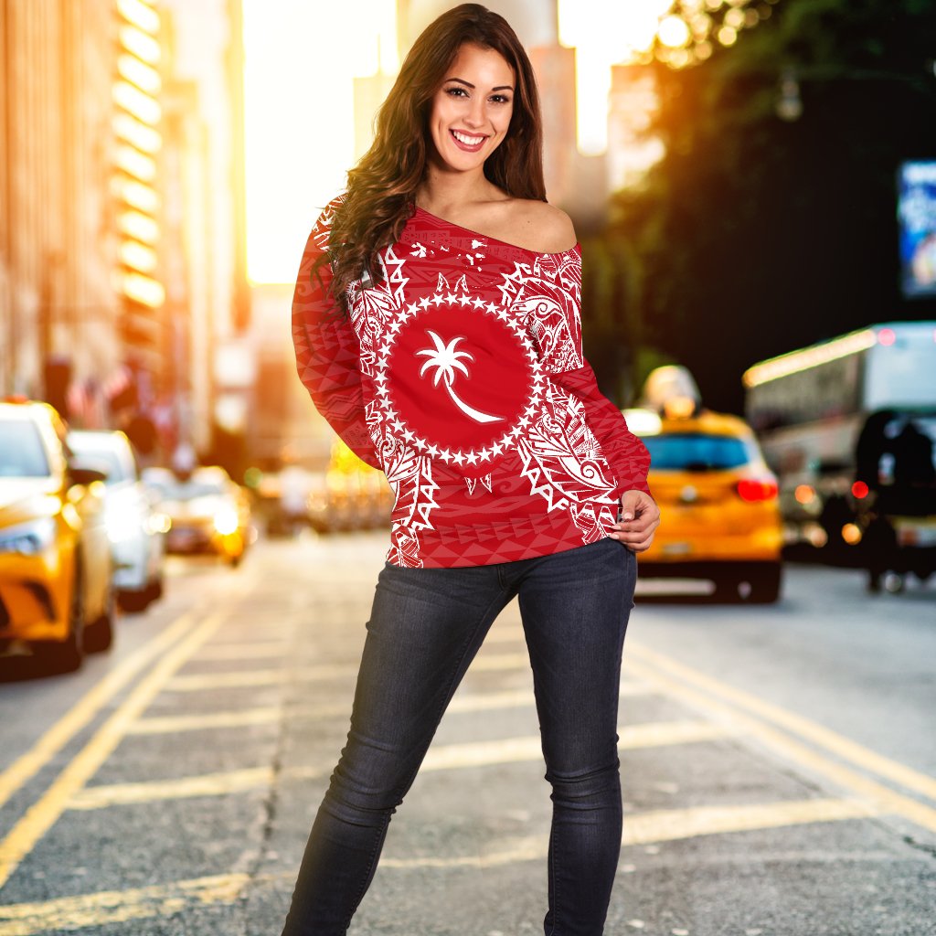 Chuuk Polynesian Shoulder Sweater Map Red White - Polynesian Pride