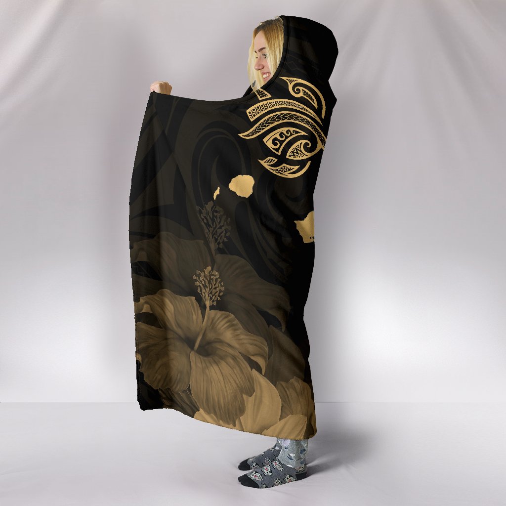 Hawaii Hibiscus Map Polynesian Ancient Gold Turtle Hooded Blanket - Polynesian Pride