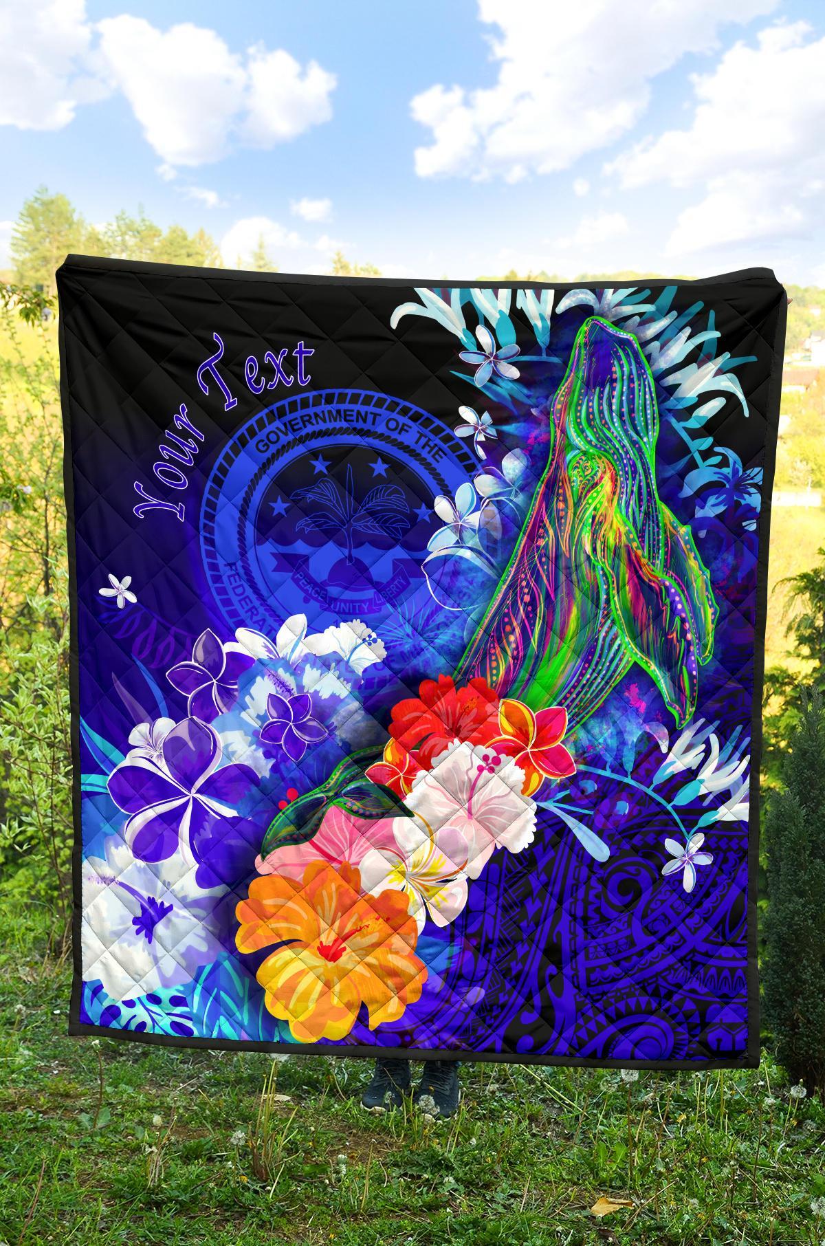 Federated States of Micronesia Custom Personalised Premium Quilt - Humpback Whale with Tropical Flowers (Blue) - Polynesian Pride