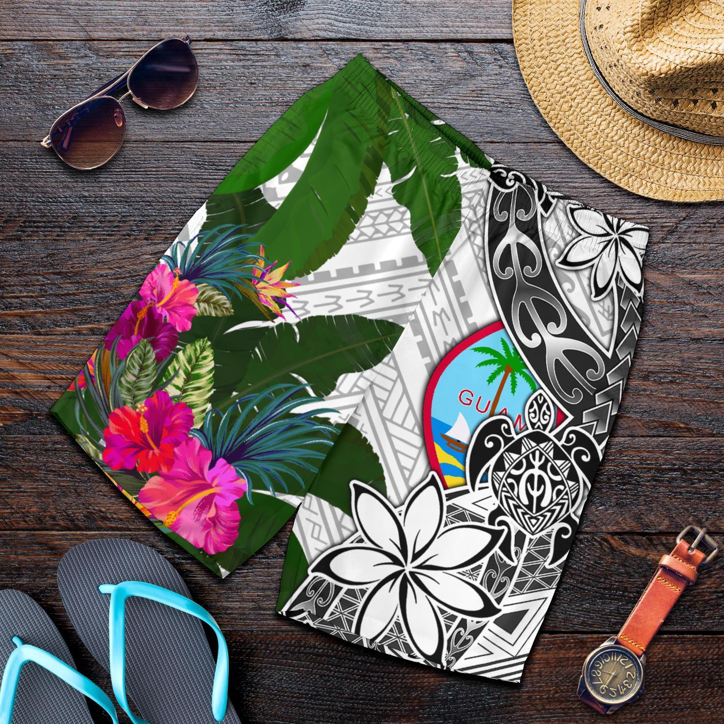 Guam Men's Short White - Turtle Plumeria Banana Leaf - Polynesian Pride