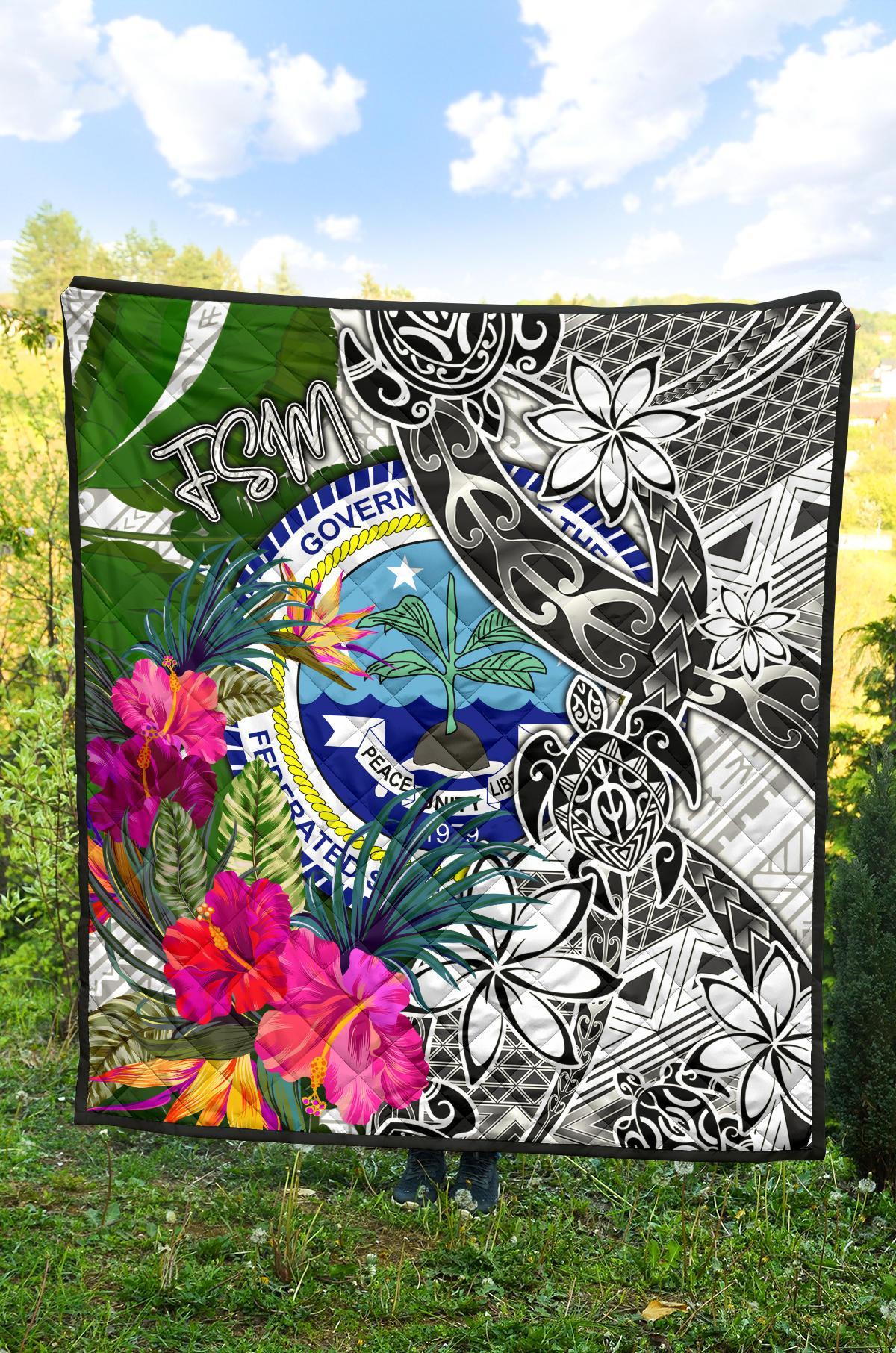 Federated States of Micronesia Premium Quilt White - Turtle Plumeria Banana Leaf - Polynesian Pride