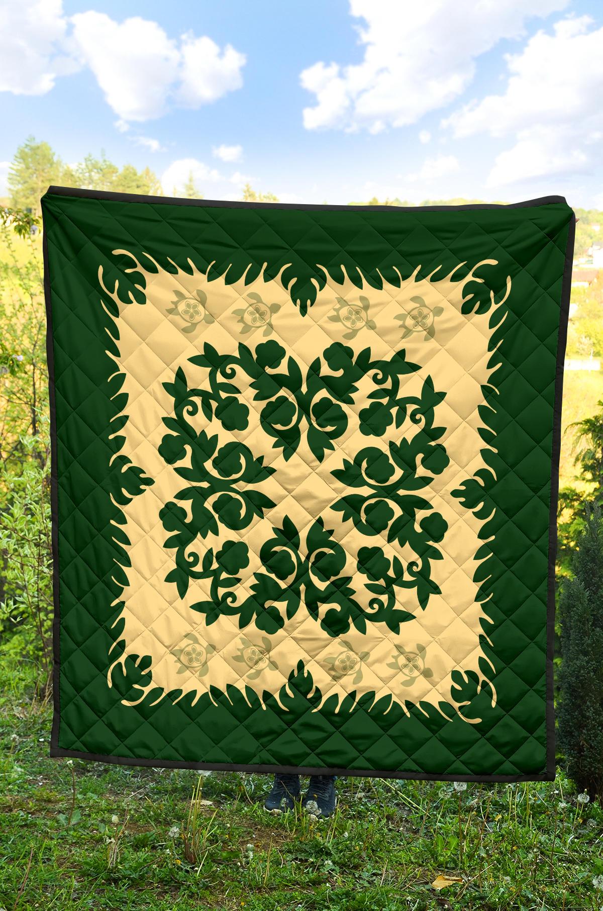 Hawaii Premium Quilt - Hawaiian Quilt Plumeria Medallion Green Premium Quilt - AH - Polynesian Pride