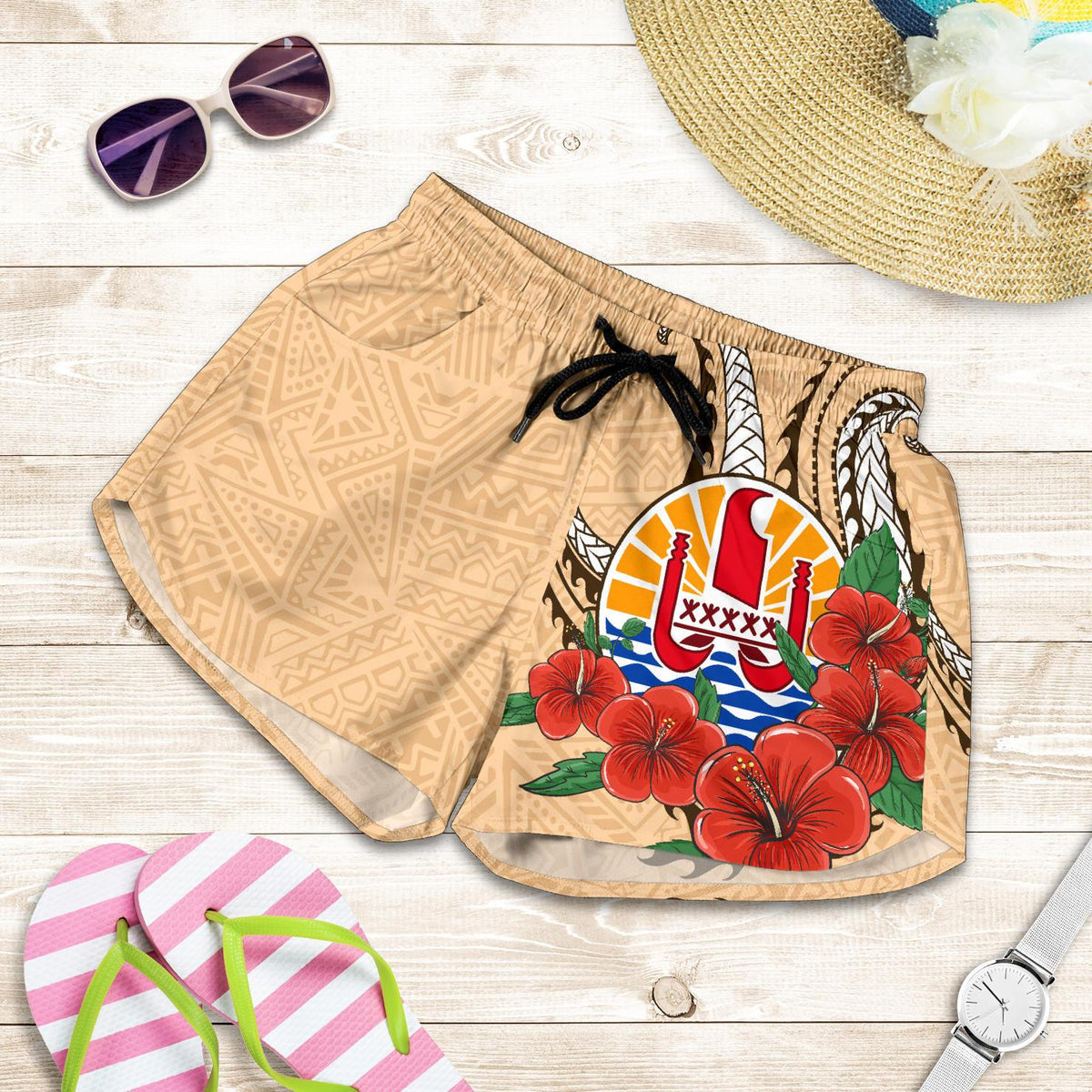 Tahiti Polynesian Women Shorts - Hibiscus Coat of Arm Beige Women BEIGE - Polynesian Pride