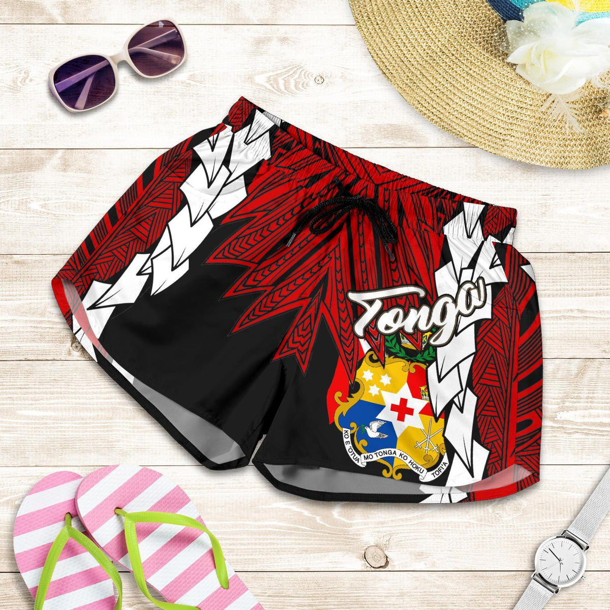 Tonga Polynesian Women's Shorts - Tribal Wave Tattoo Flag Color - Polynesian Pride