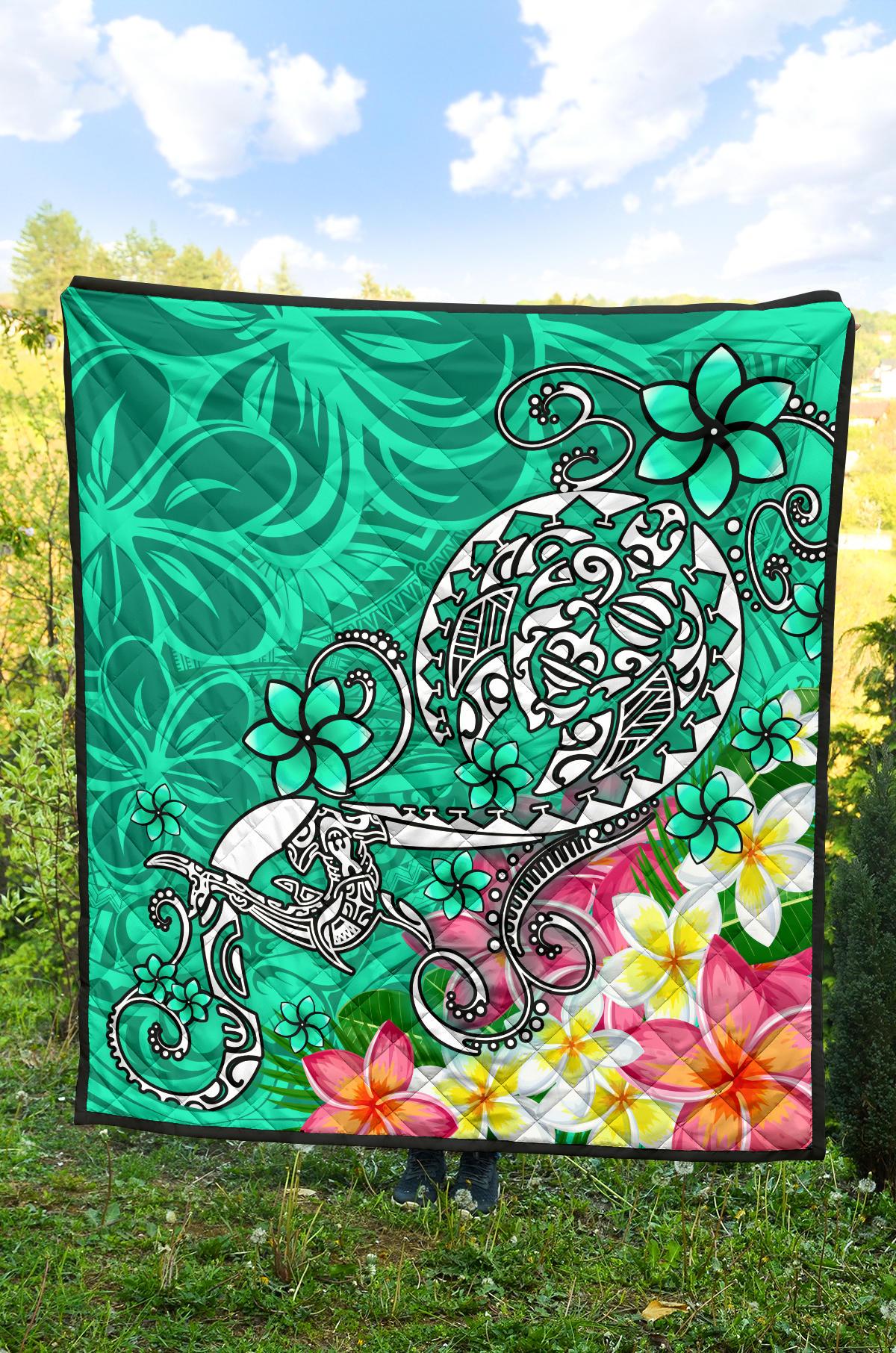 Polynesian Premium Quilt - Turtle Plumeria Turquoise Color - Polynesian Pride