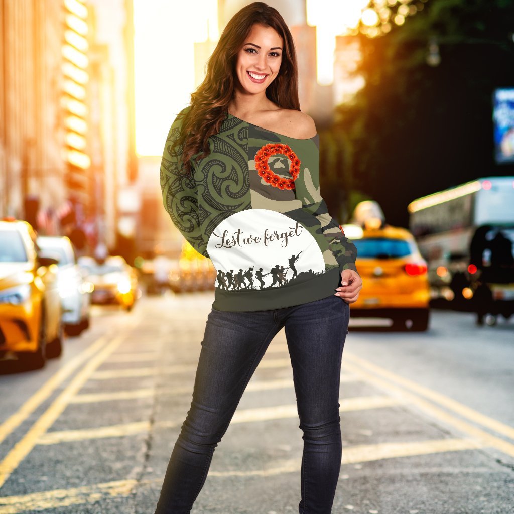 Anzac Maori Women Off Shoulder Sweater Camo Lest For Get - Polynesian Pride