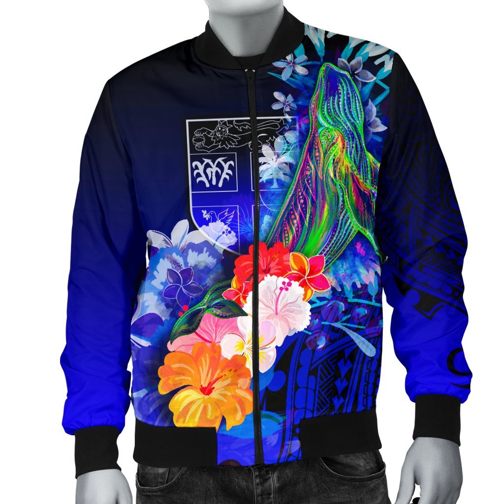 Fiji Men's Bomber Jacket - Humpback Whale with Tropical Flowers (Blue) - Polynesian Pride